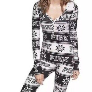 Vs pink thermal long jane onesie w/ butt flap L